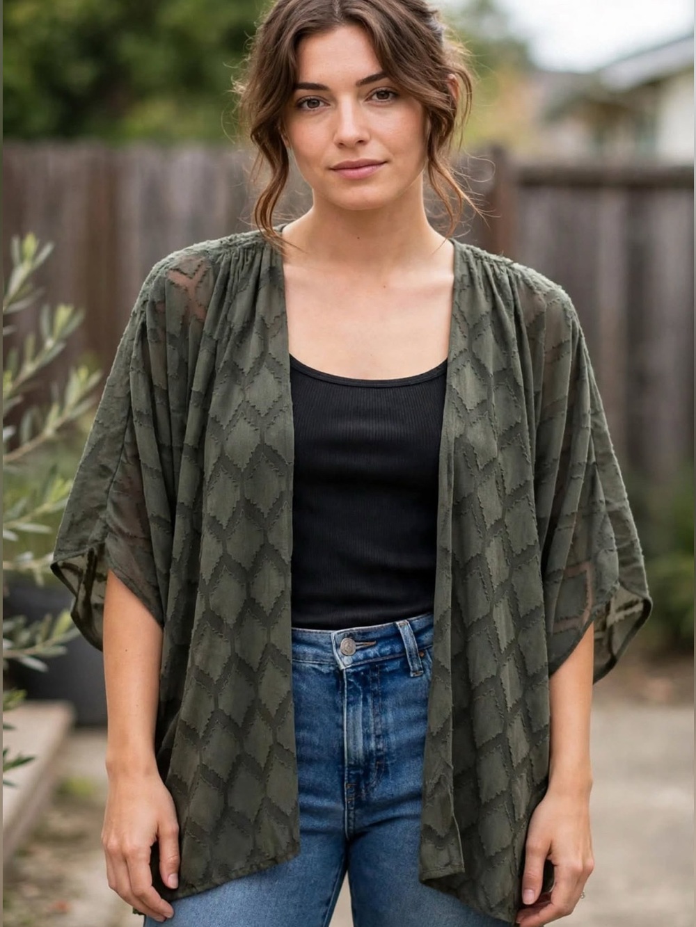 Maurices Olive Green Textured Open-Front Women's Open-front kimono / ruana wrap